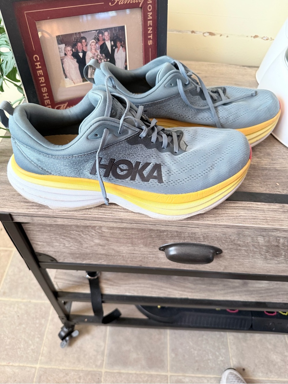 Hoka Light Gray and Yellow Athletic Sneakers